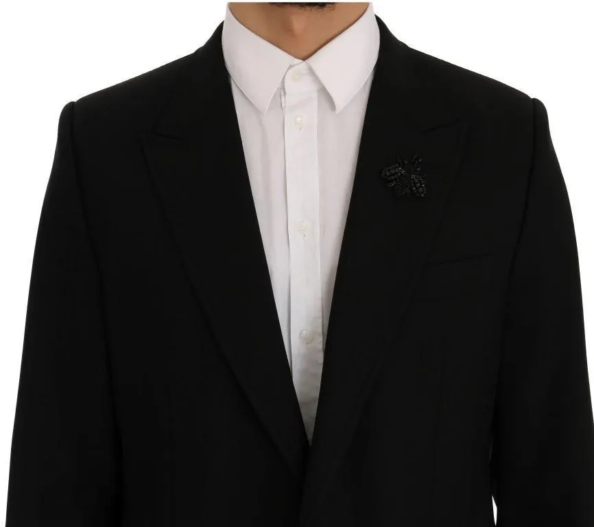 Black Wool Stretch Crystal Bee Blazer Jacket