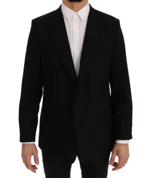 Black Wool Stretch Crystal Bee Blazer Jacket