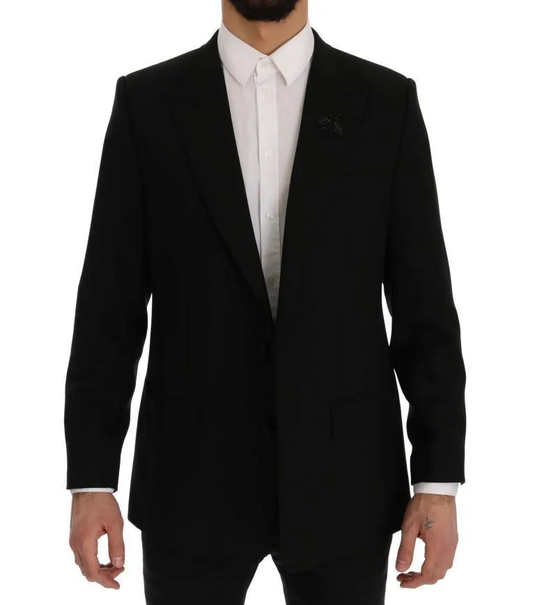 Black Wool Stretch Crystal Bee Blazer Jacket