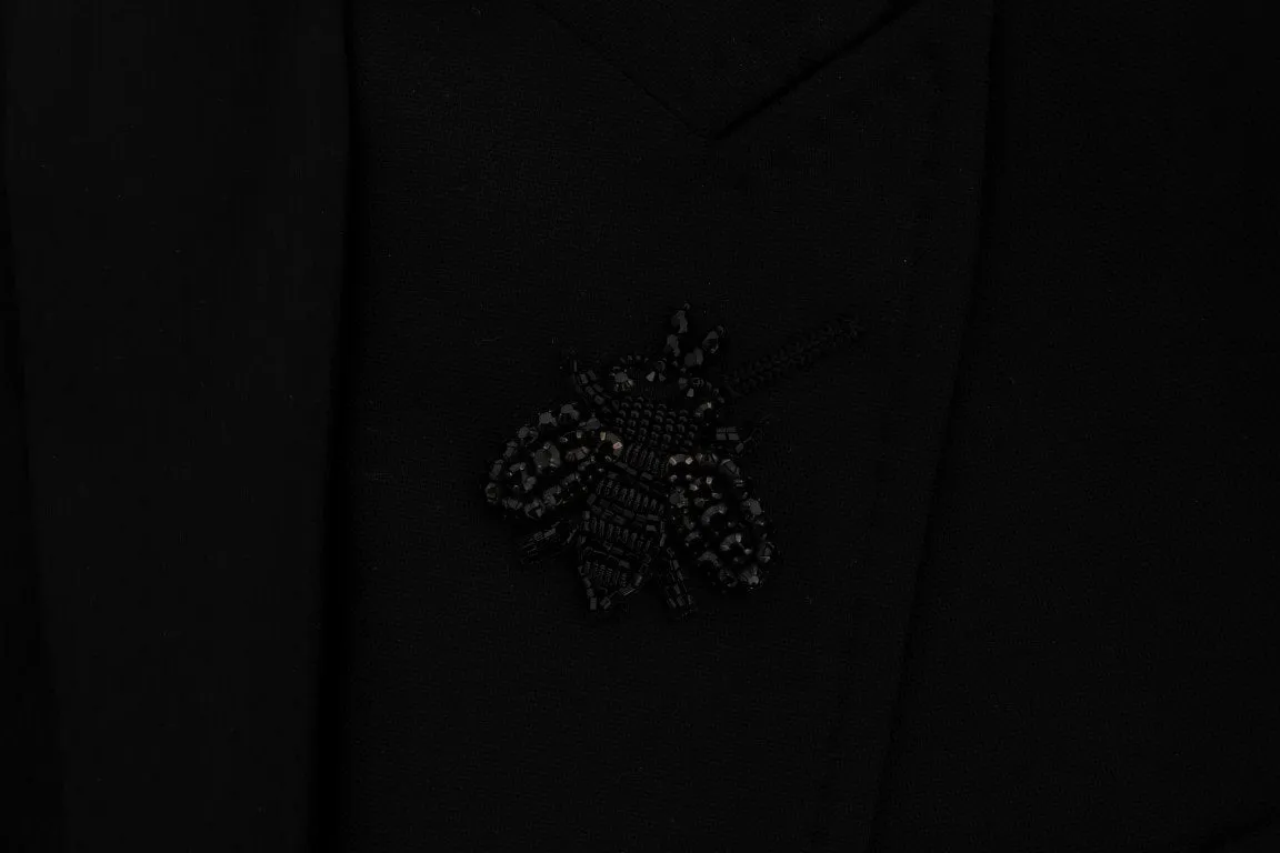 Black Wool Stretch Crystal Bee Blazer Jacket