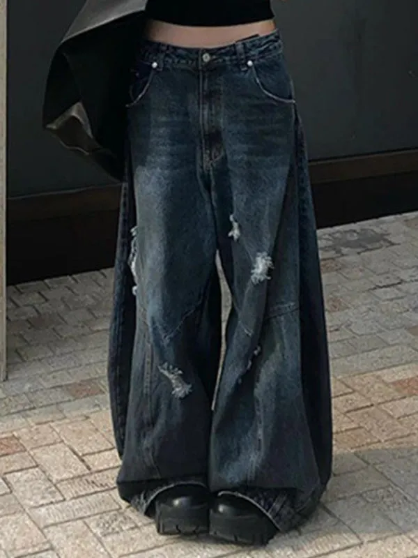 Blaue Retro Distressed Wide Leg Boyfriend Jeans