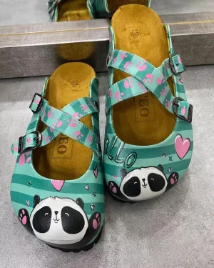Blue and Light Blue Colored Strip, Pin Heart Pattern, Sweet Panda Patterned Clogs - WCAL122