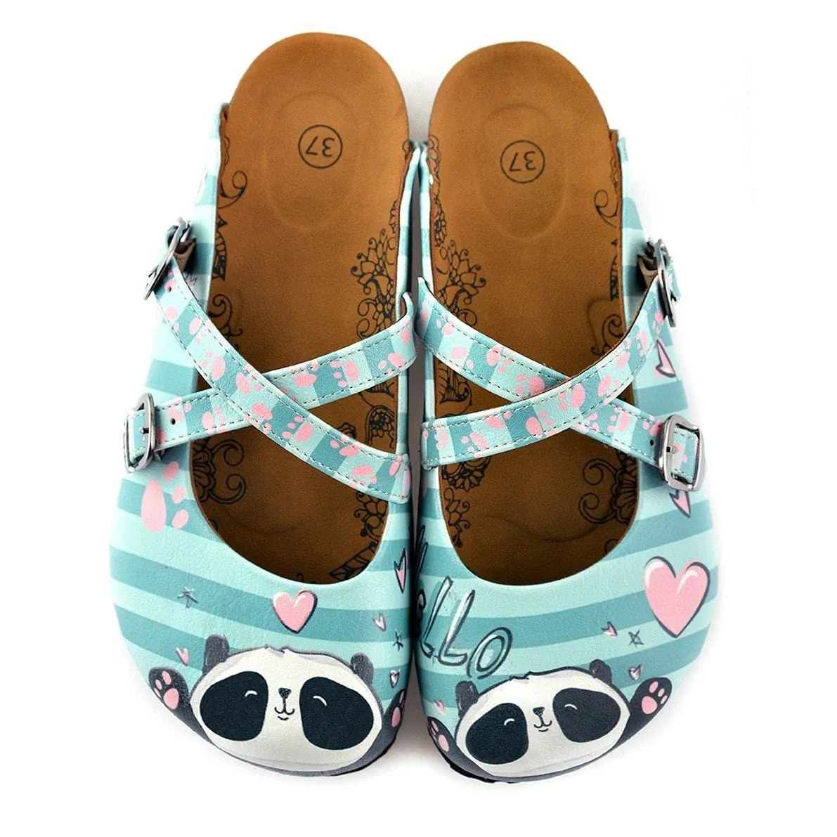 Blue and Light Blue Colored Strip, Pin Heart Pattern, Sweet Panda Patterned Clogs - WCAL122