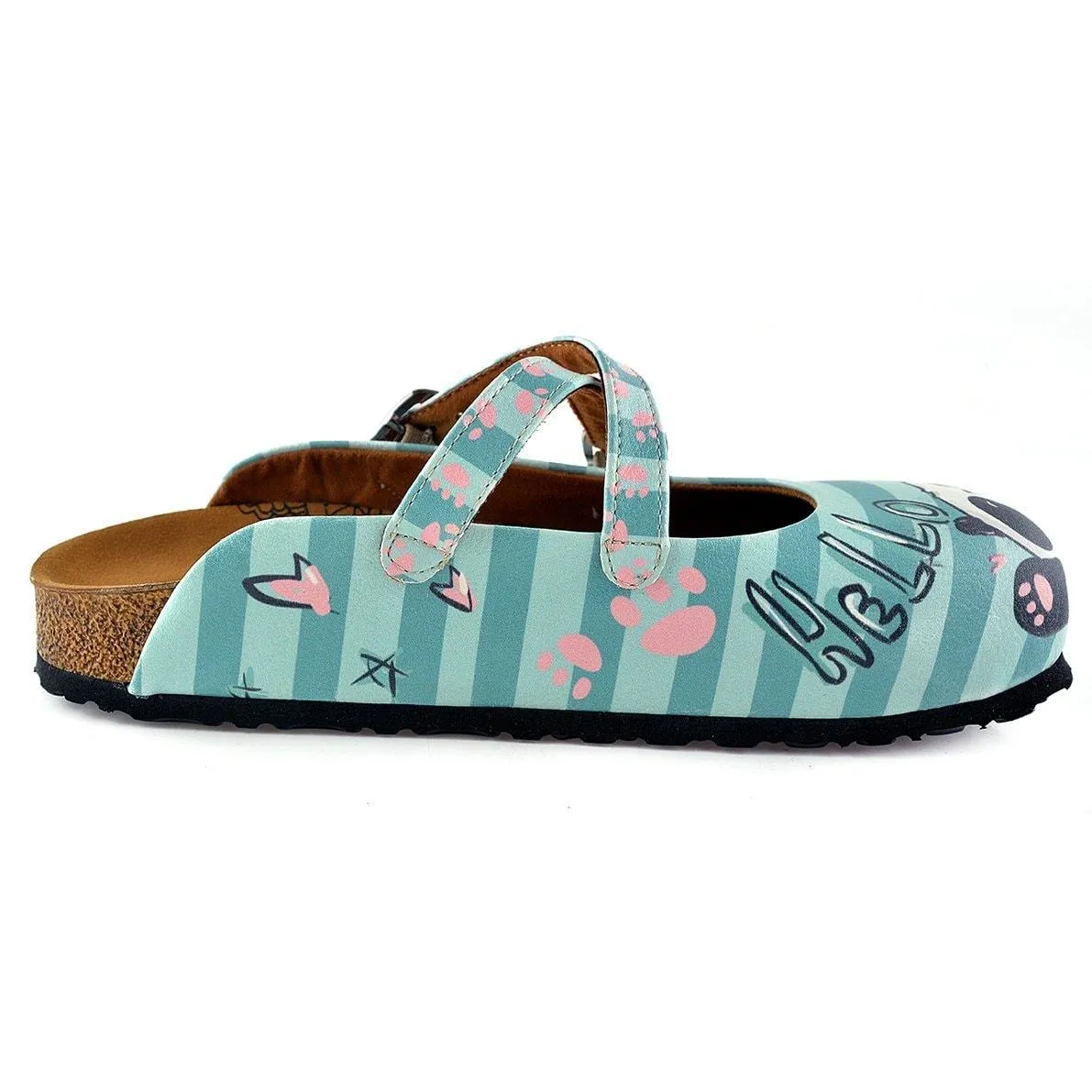 Blue and Light Blue Colored Strip, Pin Heart Pattern, Sweet Panda Patterned Clogs - WCAL122