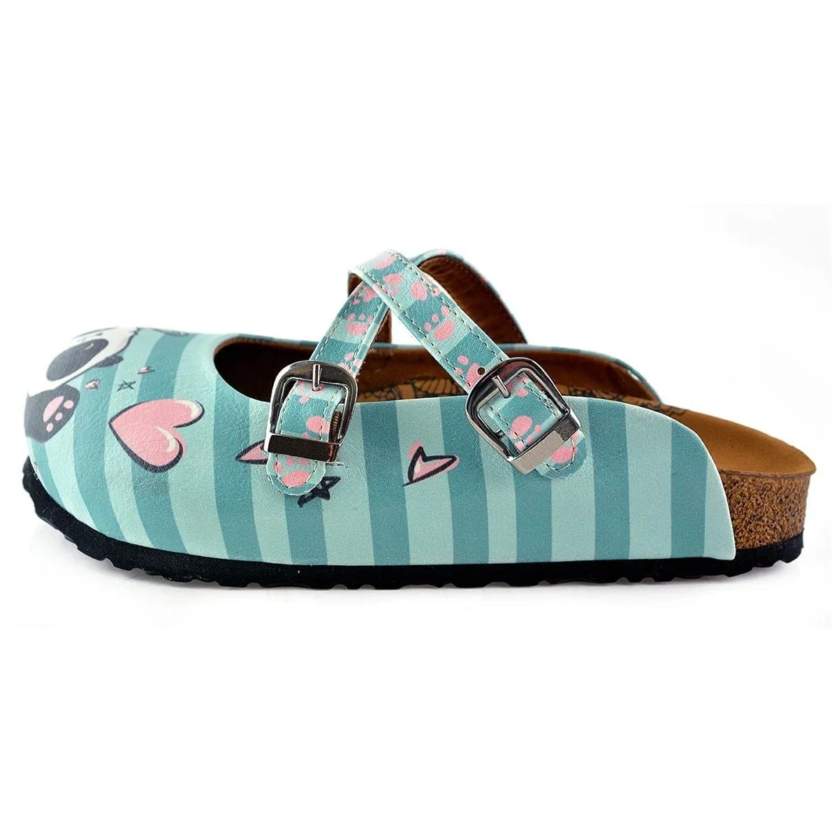 Blue and Light Blue Colored Strip, Pin Heart Pattern, Sweet Panda Patterned Clogs - WCAL122