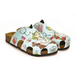 Blue and Red Colored Rose Patterned and Nurse Girl Patterned Clogs - WCAL603
