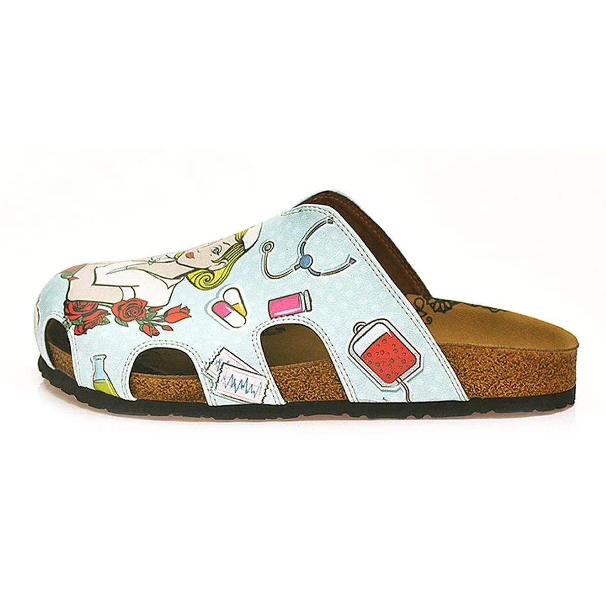 Blue and Red Colored Rose Patterned and Nurse Girl Patterned Clogs - WCAL603