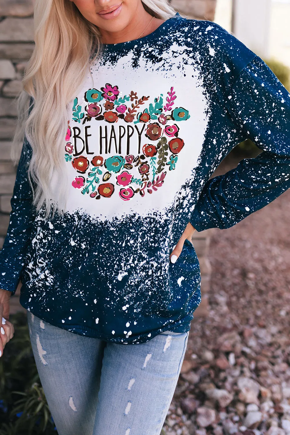 Blue Be Happy Floral Print Pullover Sweatshirt