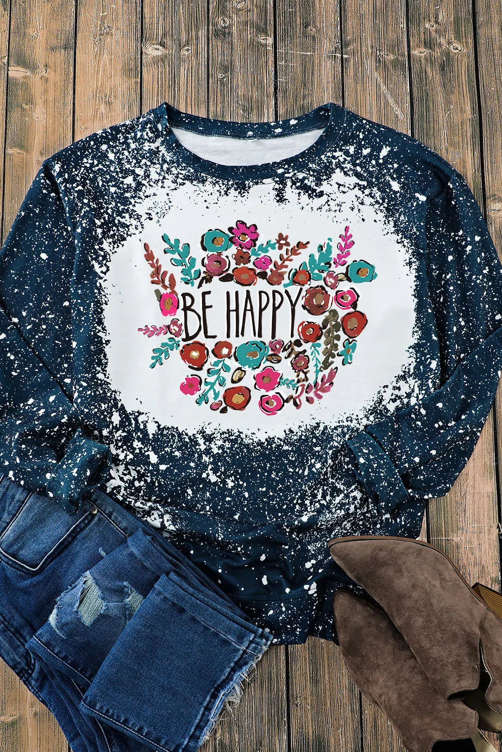 Blue Be Happy Floral Print Pullover Sweatshirt