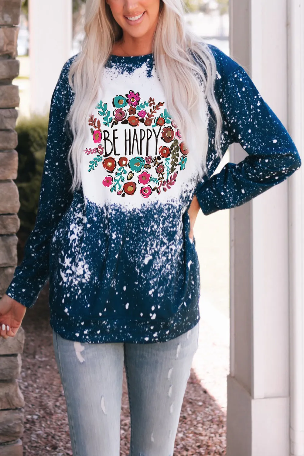 Blue Be Happy Floral Print Pullover Sweatshirt