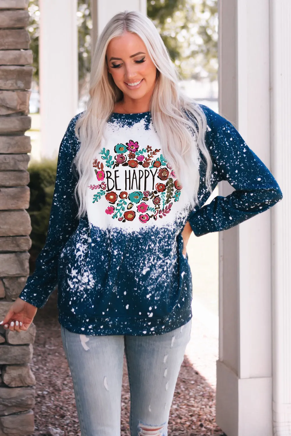 Blue Be Happy Floral Print Pullover Sweatshirt