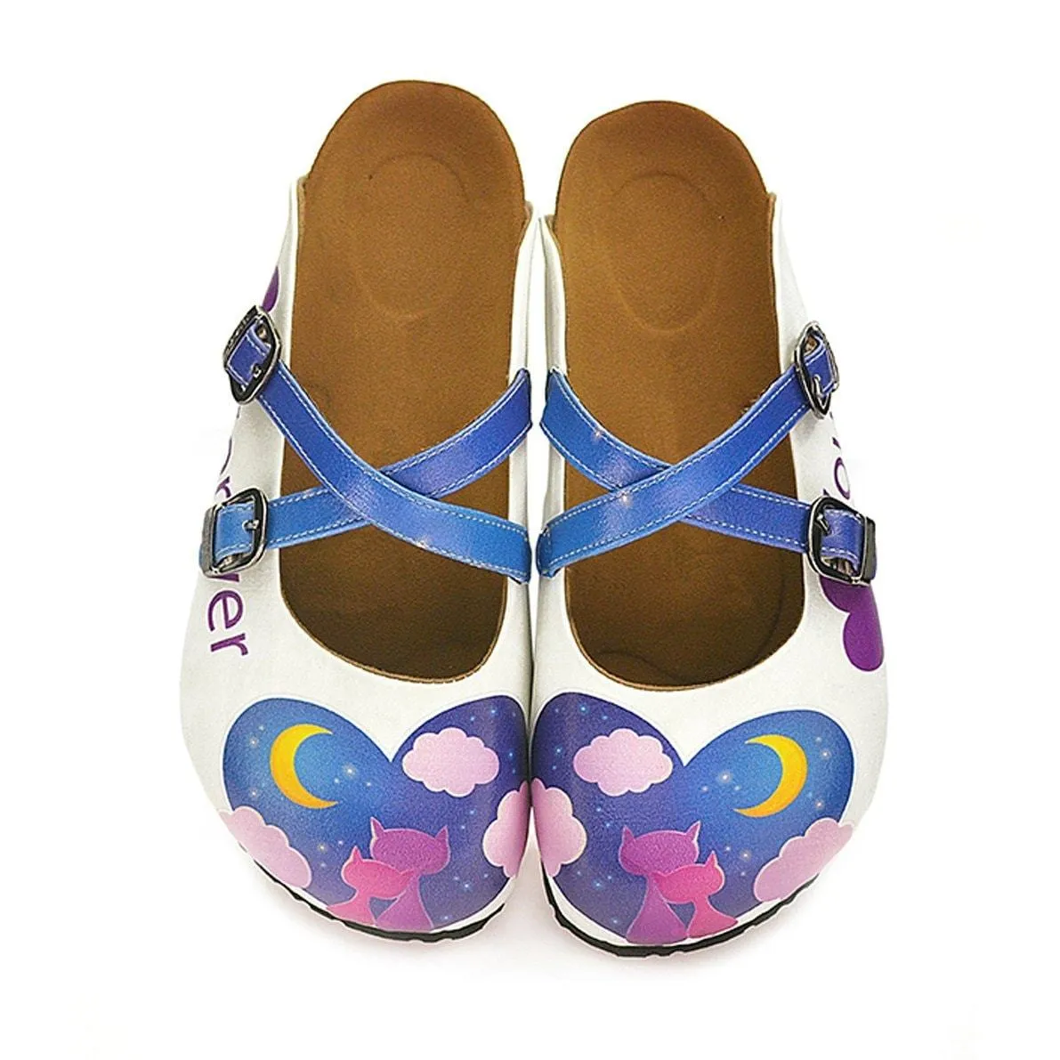 Blue Colored Nighttime Heart, Purple Colored Sweet Cat Patterned Clogs - WCAL116