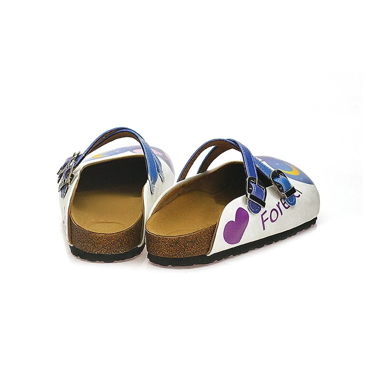 Blue Colored Nighttime Heart, Purple Colored Sweet Cat Patterned Clogs - WCAL116
