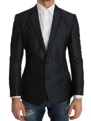 Blue Pattern Silk Slim Fit Blazer Jacket
