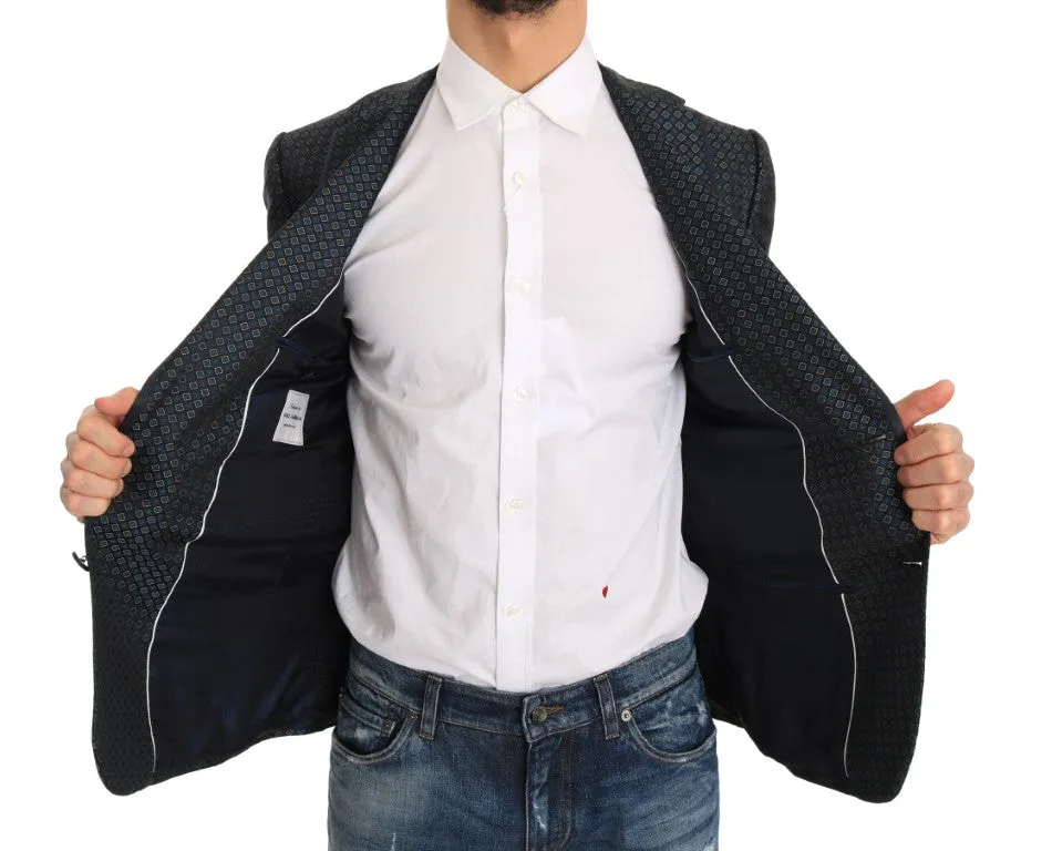 Blue Pattern Silk Slim Fit Blazer Jacket