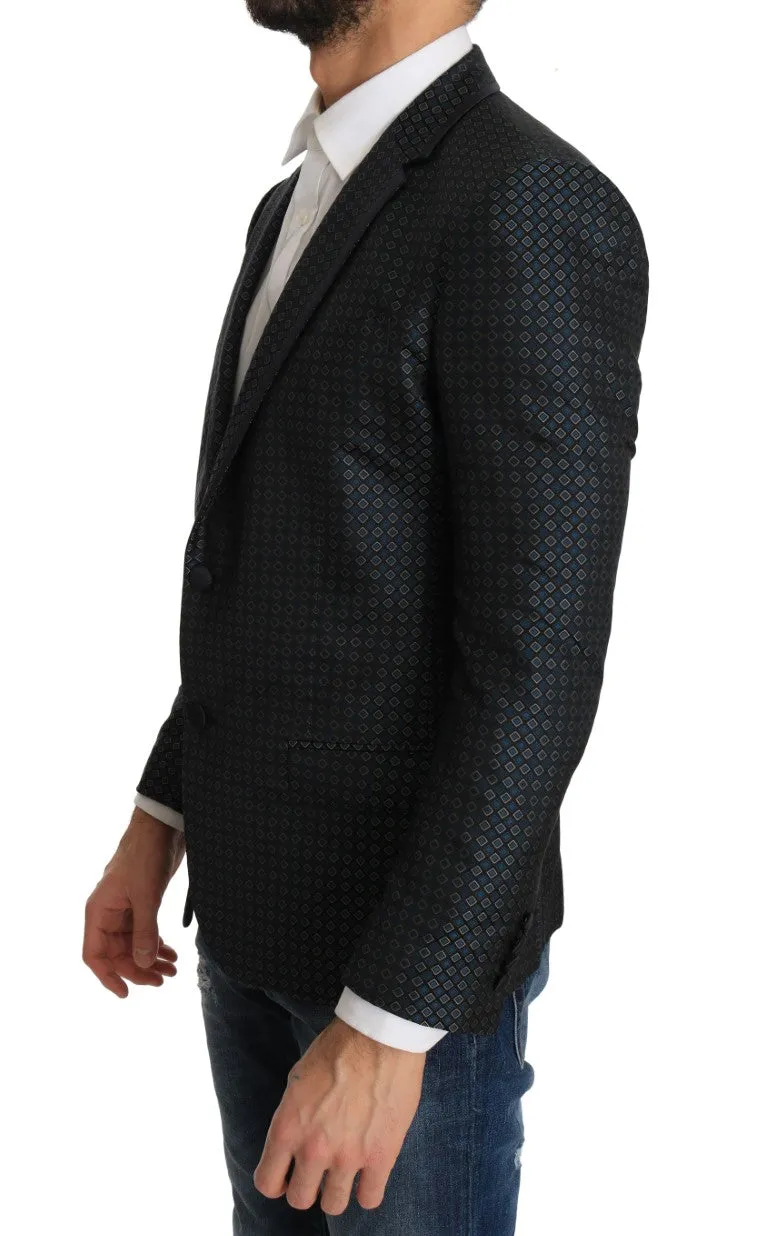 Blue Pattern Silk Slim Fit Blazer Jacket