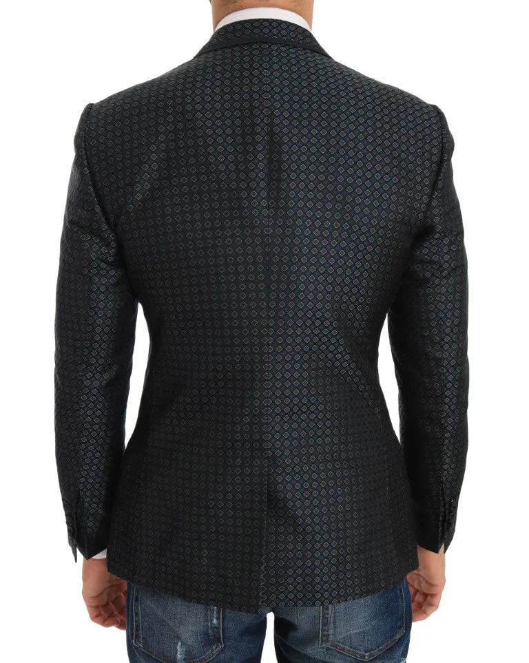 Blue Pattern Silk Slim Fit Blazer Jacket