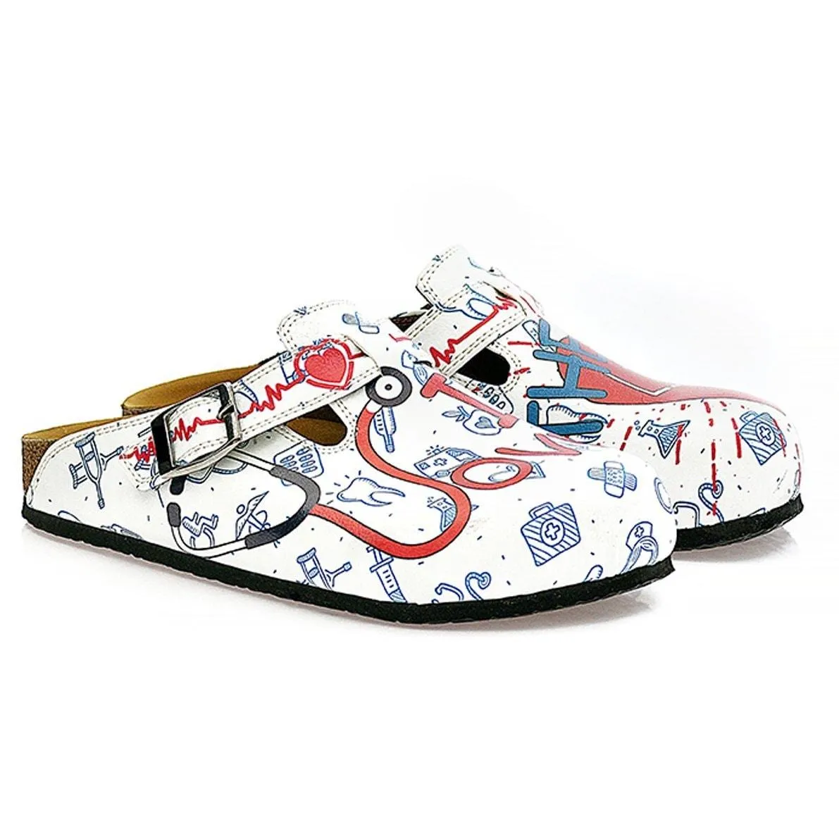 Blue, Red and White Colored Doctor Patterned Clogs - WCAL325
