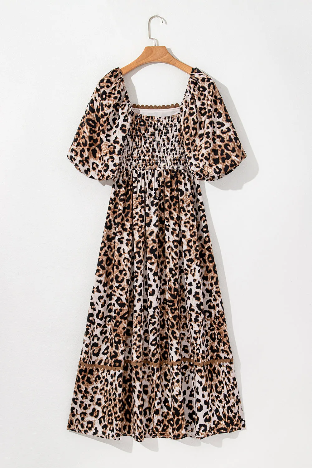 Brown Leopard Print Bubble Sleeve Square Neck Maxi Dress