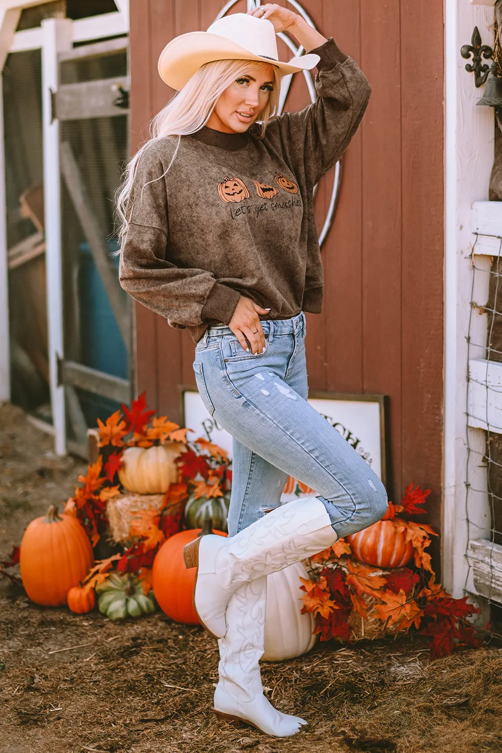 Brown Let's Get Smashed Halloween Pumpkin Graphic Sweatshirt