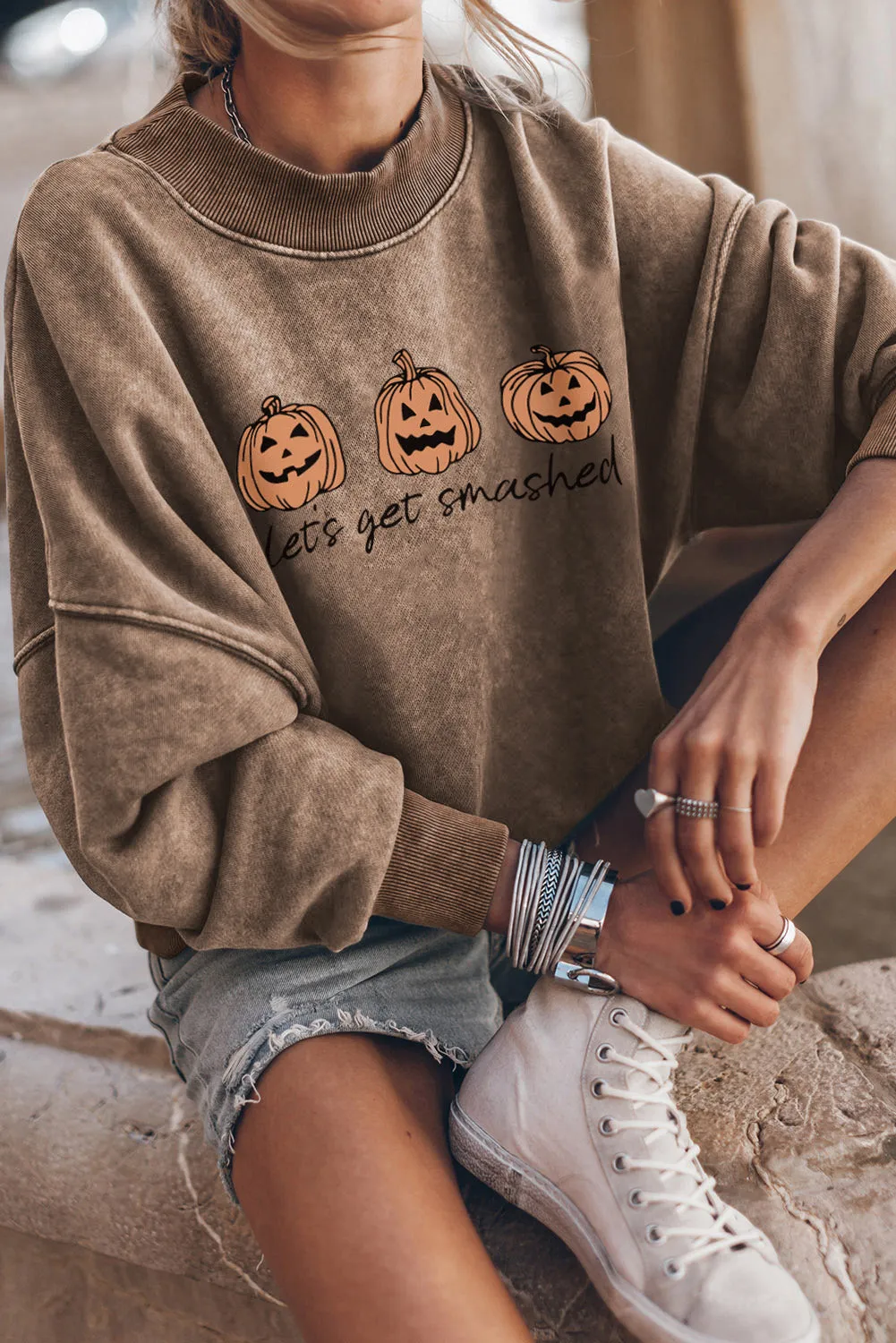 Brown Let's Get Smashed Halloween Pumpkin Graphic Sweatshirt