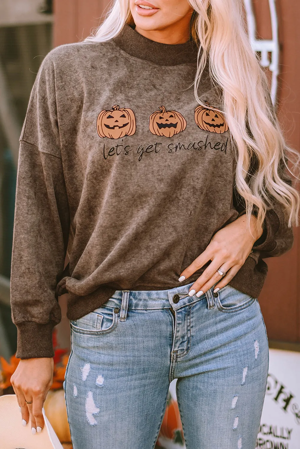 Brown Let's Get Smashed Halloween Pumpkin Graphic Sweatshirt