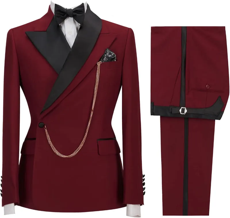 Burgundy Peaked Lapel Two Pieces Slim Fit Prom Suits Blazers Pants Wedding Party Wear Prom