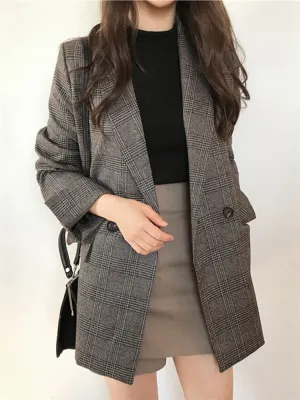 Checkered Double Breasted Formal Blazers with Plaid Pockets