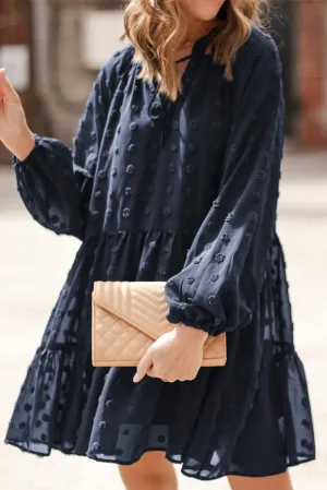 Dark Blue Swiss Dot Mesh Long Puff Sleeve Mini Dress