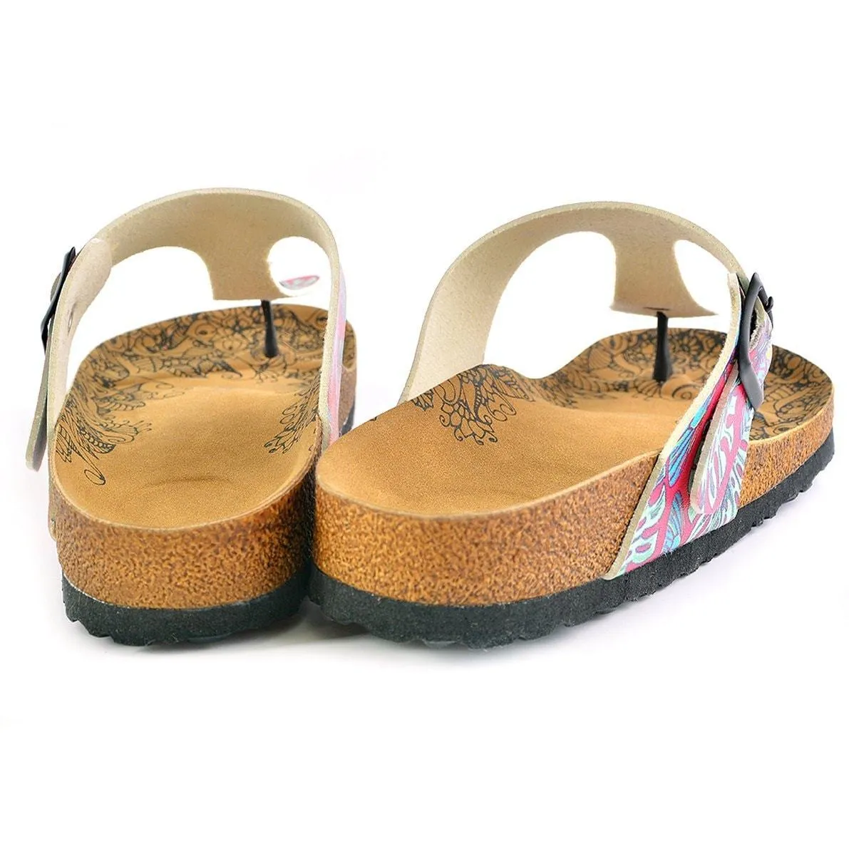 Dark Pink Colored, Green Leavs, Blue and Yellow Parrots, Patterned Sandal - CAL518