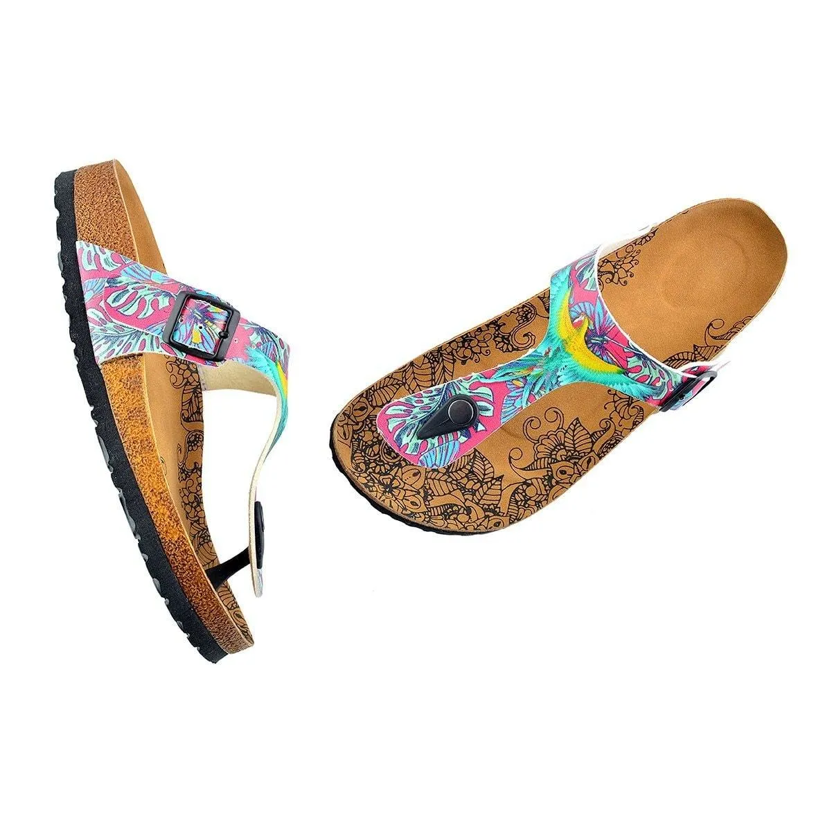 Dark Pink Colored, Green Leavs, Blue and Yellow Parrots, Patterned Sandal - CAL518