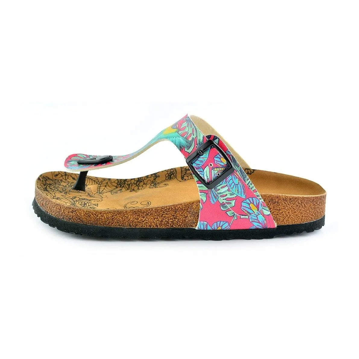 Dark Pink Colored, Green Leavs, Blue and Yellow Parrots, Patterned Sandal - CAL518