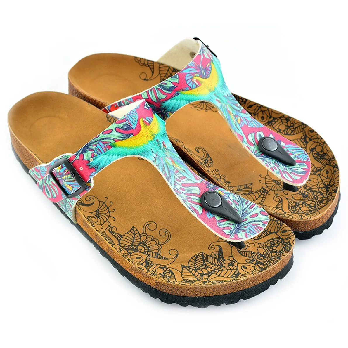 Dark Pink Colored, Green Leavs, Blue and Yellow Parrots, Patterned Sandal - CAL518
