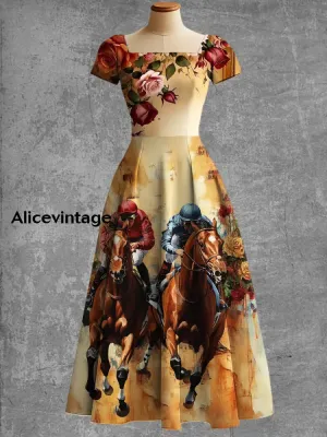 Derby Art Print Short Sleeve Vintage Elegant Dress Derby Dress