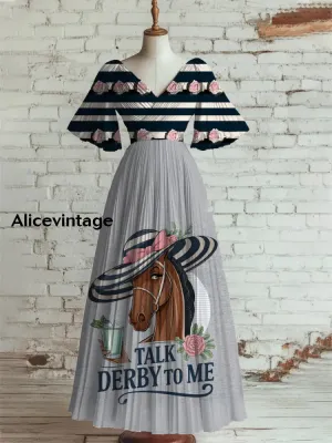 Derby Art Print V-Neck Short Sleeve Vintage Elegant Dress Derby Dress