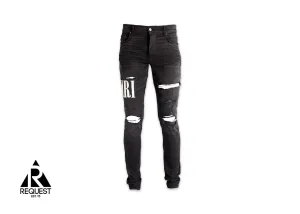Distressed Logo Jeans "Aged Black"