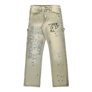 Distressed Splash-Ink Embroidered Jeans