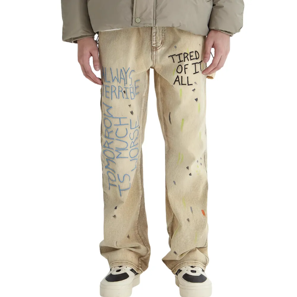 Distressed Splash-Ink Embroidered Jeans