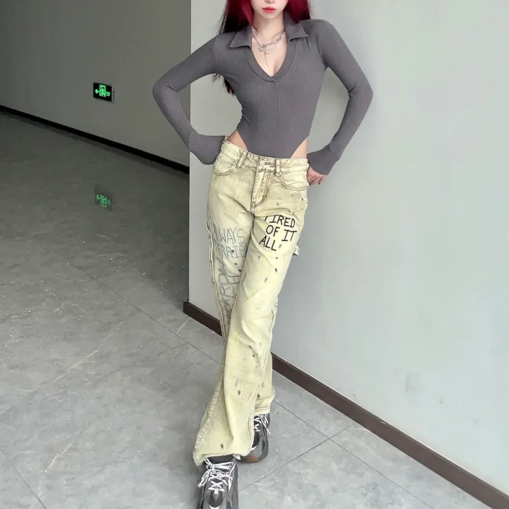 Distressed Splash-Ink Embroidered Jeans