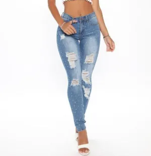 Embellished Rhinestone Skinny Jeans - Medium Blue Wash