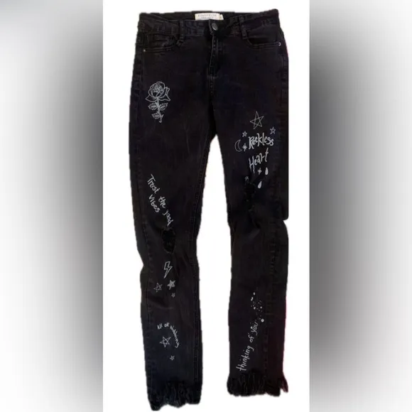 EXCELLENT!! Streetwear Society Black Denim Graphic Distressed Skinny Jeans 3