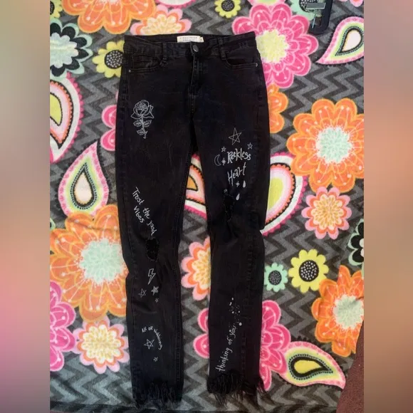 EXCELLENT!! Streetwear Society Black Denim Graphic Distressed Skinny Jeans 3