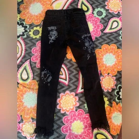 EXCELLENT!! Streetwear Society Black Denim Graphic Distressed Skinny Jeans 3