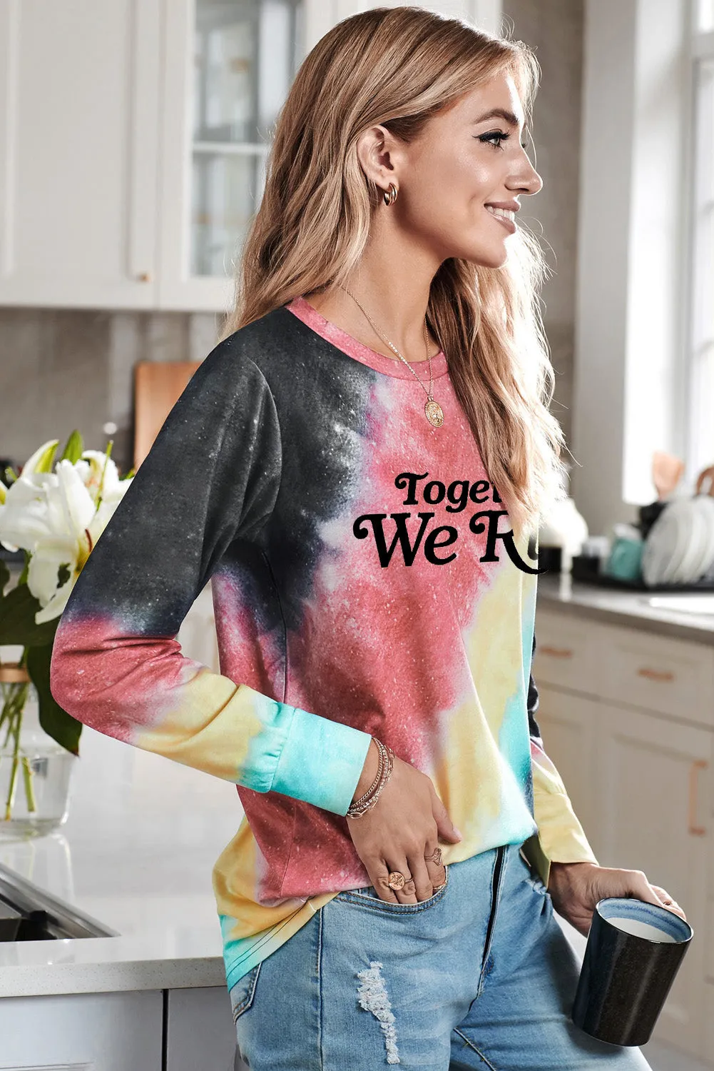 Fiery Red Letter Tie-dyed Print Long Sleeve Sweatshirt