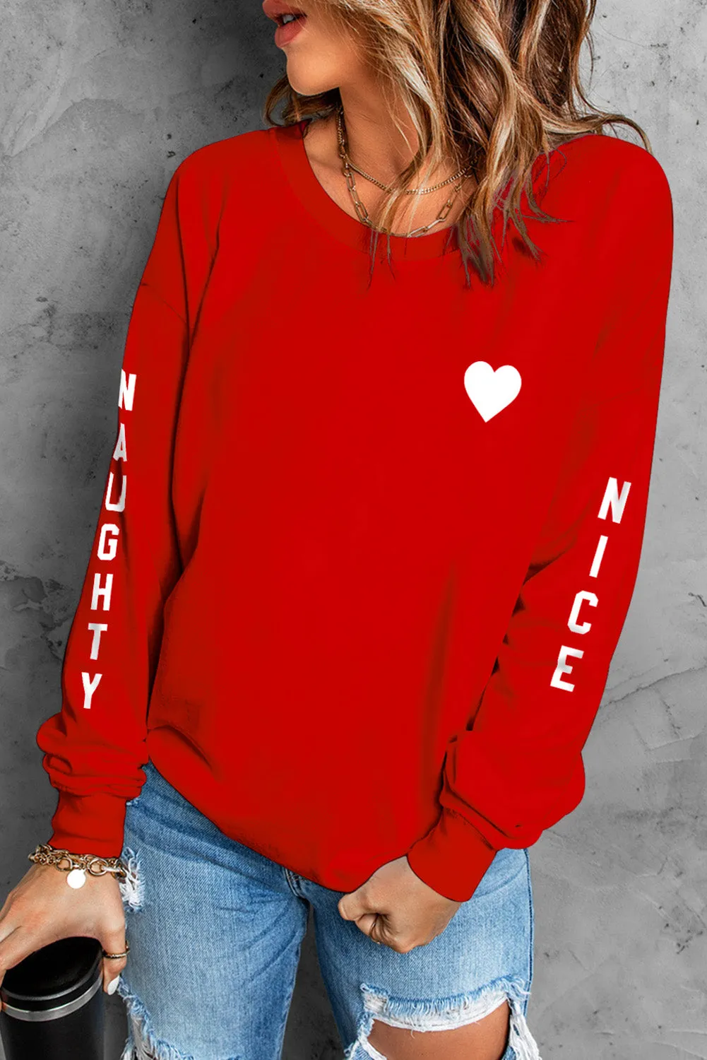 Fiery Red Letters Print Long Sleeve Pullover Sweatshirt