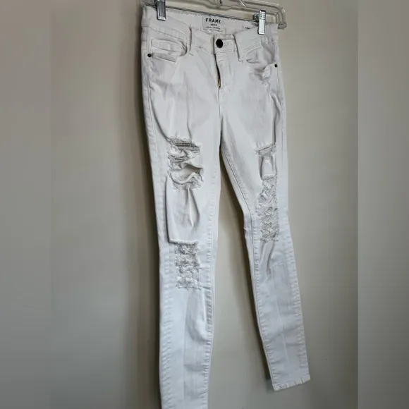 Frame Le Skinny de Jeanne White Distressed Stretchy Skinny Jeans (US 27)