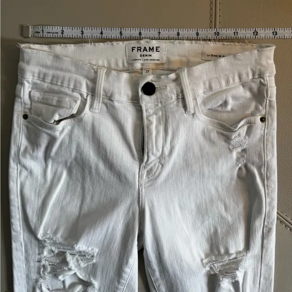 Frame Le Skinny de Jeanne White Distressed Stretchy Skinny Jeans (US 27)