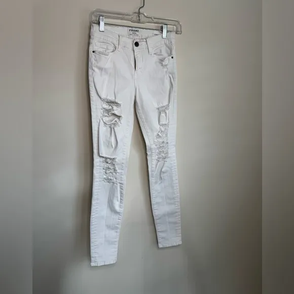 Frame Le Skinny de Jeanne White Distressed Stretchy Skinny Jeans (US 27)