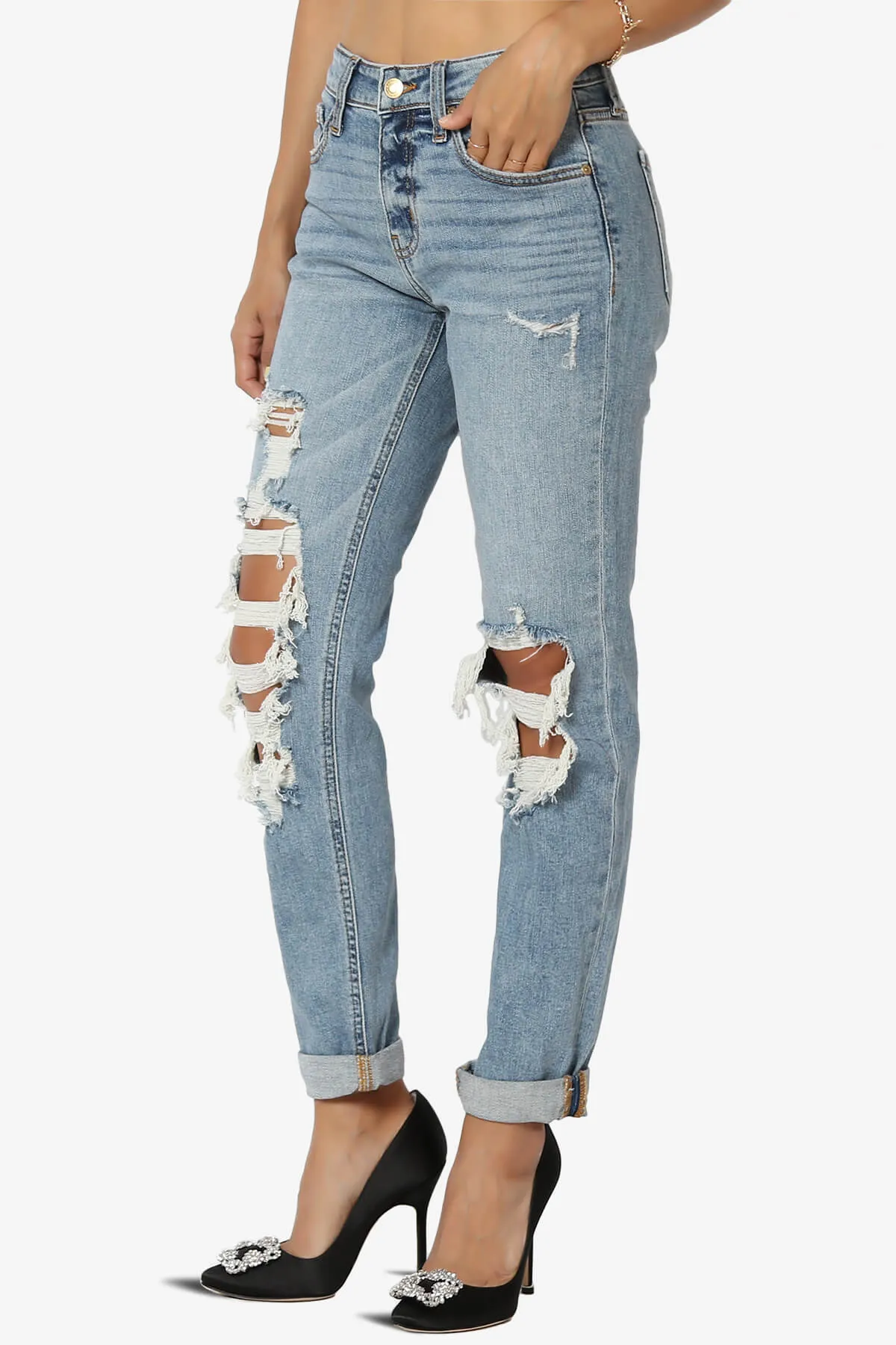 Frankie Distressed Mid Rise Girlfriend Jeans in LF Light