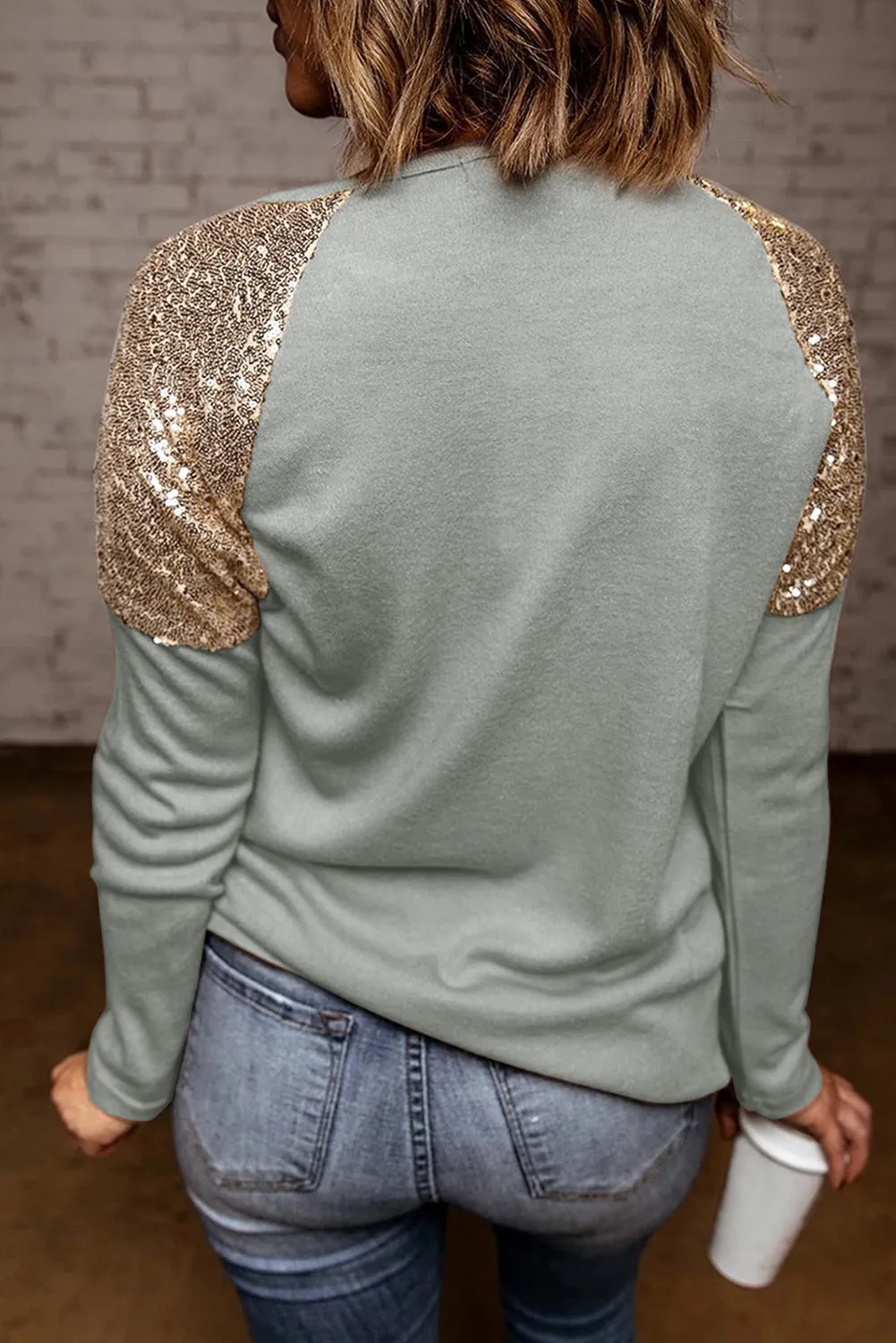 Gray Bunny Hope Print Sequin Patchwork Long Sleeve Sweatshirt